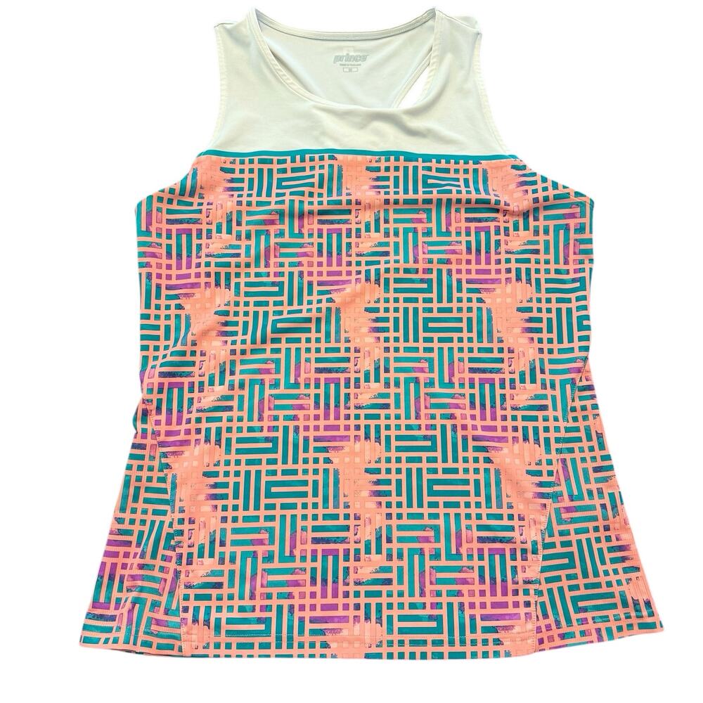 Prince tennis tank, coral pink with green/purple pattern, racerback, Medium